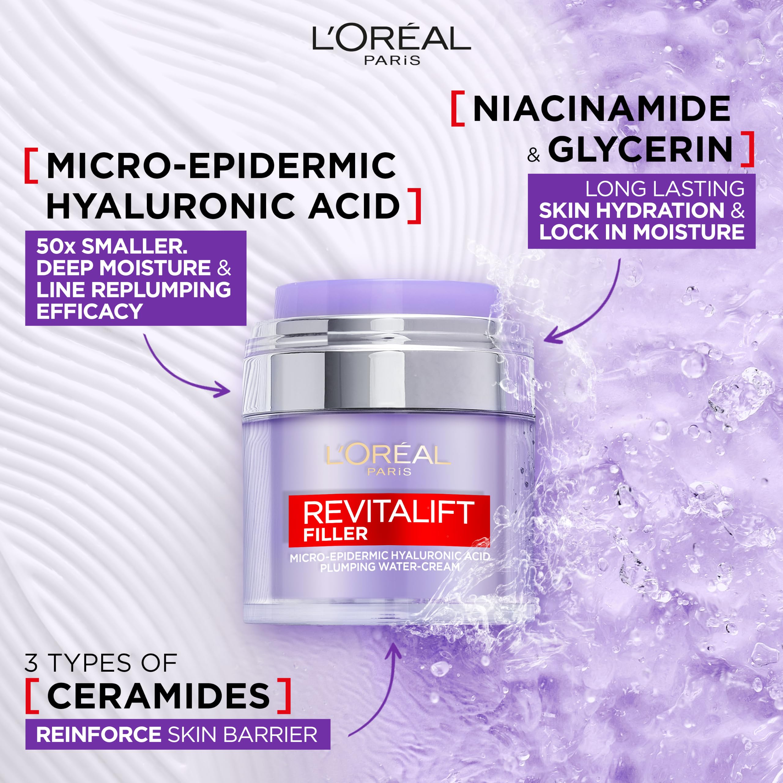 L'Or'eal Paris Face Moisturiser, Revitalift Filler Plumping Water Cream, Lightweight Face Cream with Micro-Epidermic Hyaluronic Acid, Multi-Layer Skin Hydration, Smooths & Re-Plumps Wrinkles, 50ml - Damaged Box