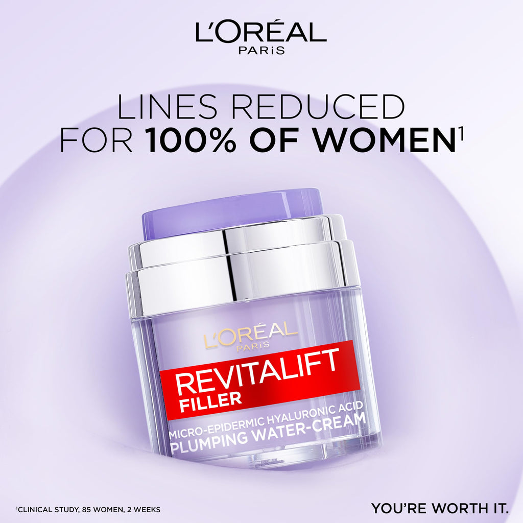 L'Or'eal Paris Face Moisturiser, Revitalift Filler Plumping Water Cream, Lightweight Face Cream with Micro-Epidermic Hyaluronic Acid, Multi-Layer Skin Hydration, Smooths & Re-Plumps Wrinkles, 50ml - Damaged Box