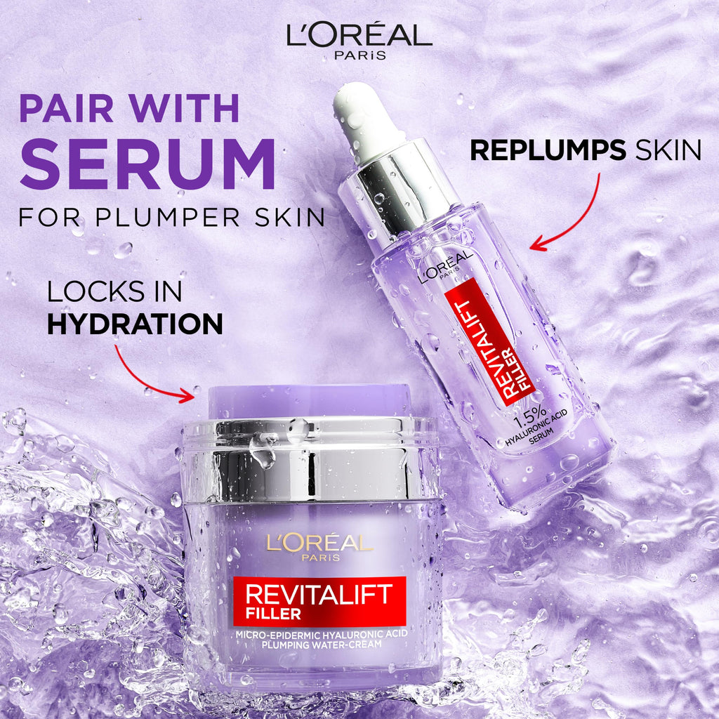 L'Or'eal Paris Face Moisturiser, Revitalift Filler Plumping Water Cream, Lightweight Face Cream with Micro-Epidermic Hyaluronic Acid, Multi-Layer Skin Hydration, Smooths & Re-Plumps Wrinkles, 50ml - Damaged Box