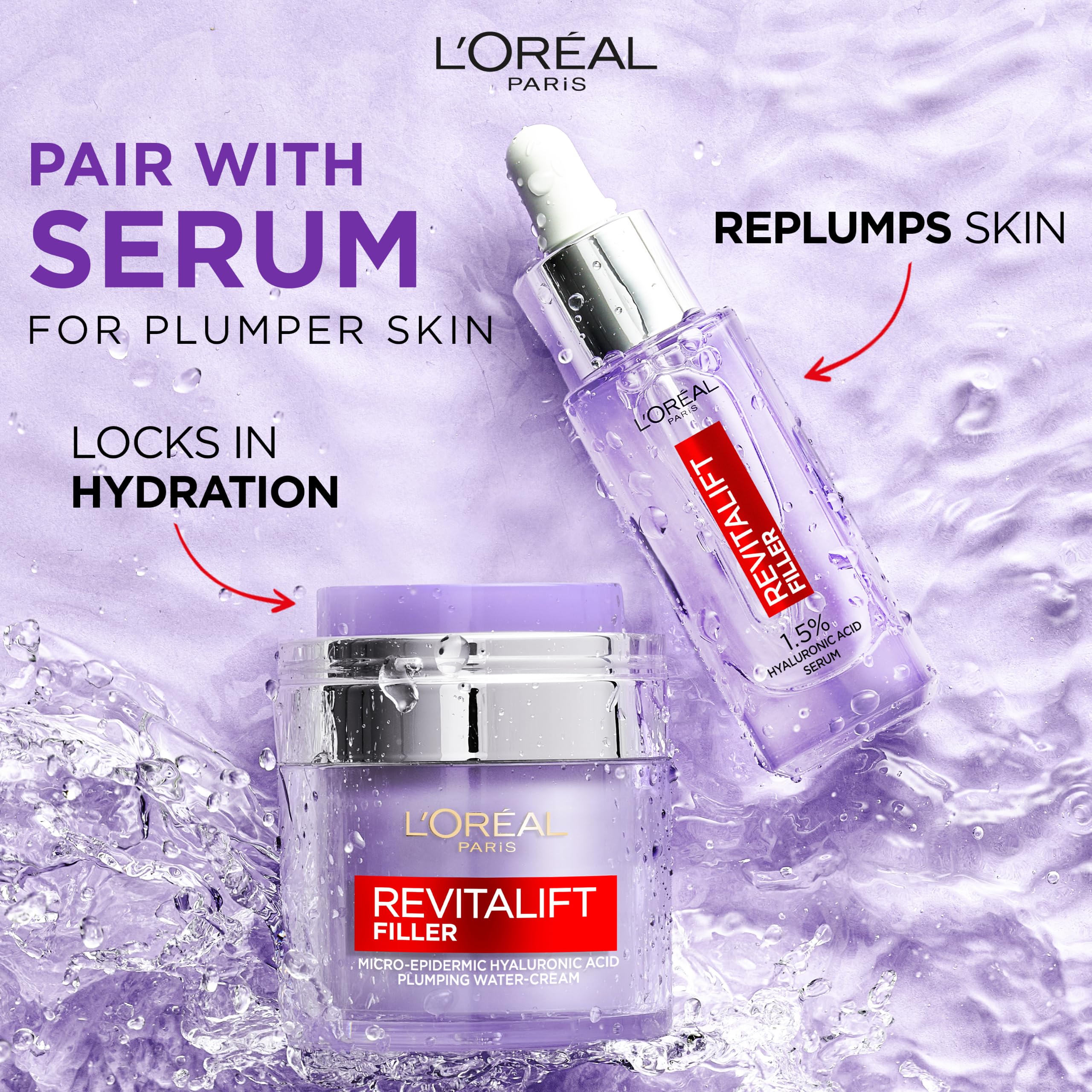 L'Or'eal Paris Face Moisturiser, Revitalift Filler Plumping Water Cream, Lightweight Face Cream with Micro-Epidermic Hyaluronic Acid, Multi-Layer Skin Hydration, Smooths & Re-Plumps Wrinkles, 50ml - Damaged Box