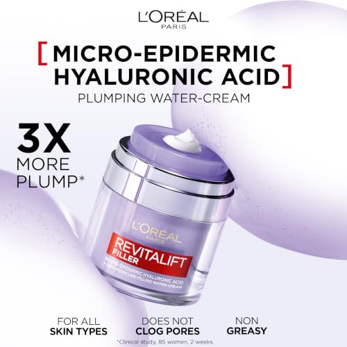 L'Or'eal Paris Face Moisturiser, Revitalift Filler Plumping Water Cream, Lightweight Face Cream with Micro-Epidermic Hyaluronic Acid, Multi-Layer Skin Hydration, Smooths & Re-Plumps Wrinkles, 50ml - Damaged Box