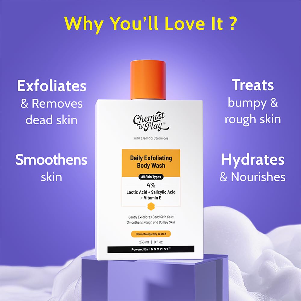 Chemist at Play Body Wash Exfoliating for Dry Rough Bumpy Strawberry Skin with 1% Salicylic Acid 2% Lactic Acid and Ceramides for Men and Women | 236 ml - New