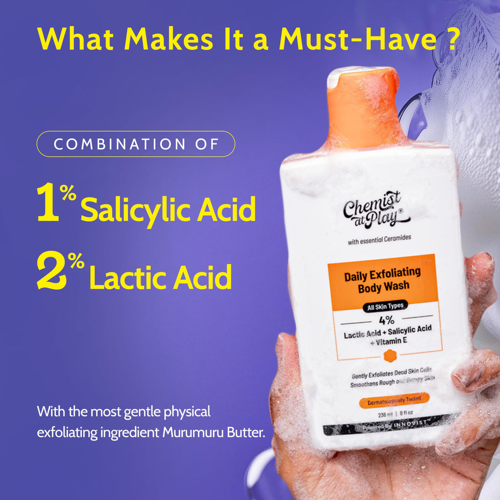 Chemist at Play Body Wash Exfoliating for Dry Rough Bumpy Strawberry Skin with 1% Salicylic Acid 2% Lactic Acid and Ceramides for Men and Women | 236 ml - New
