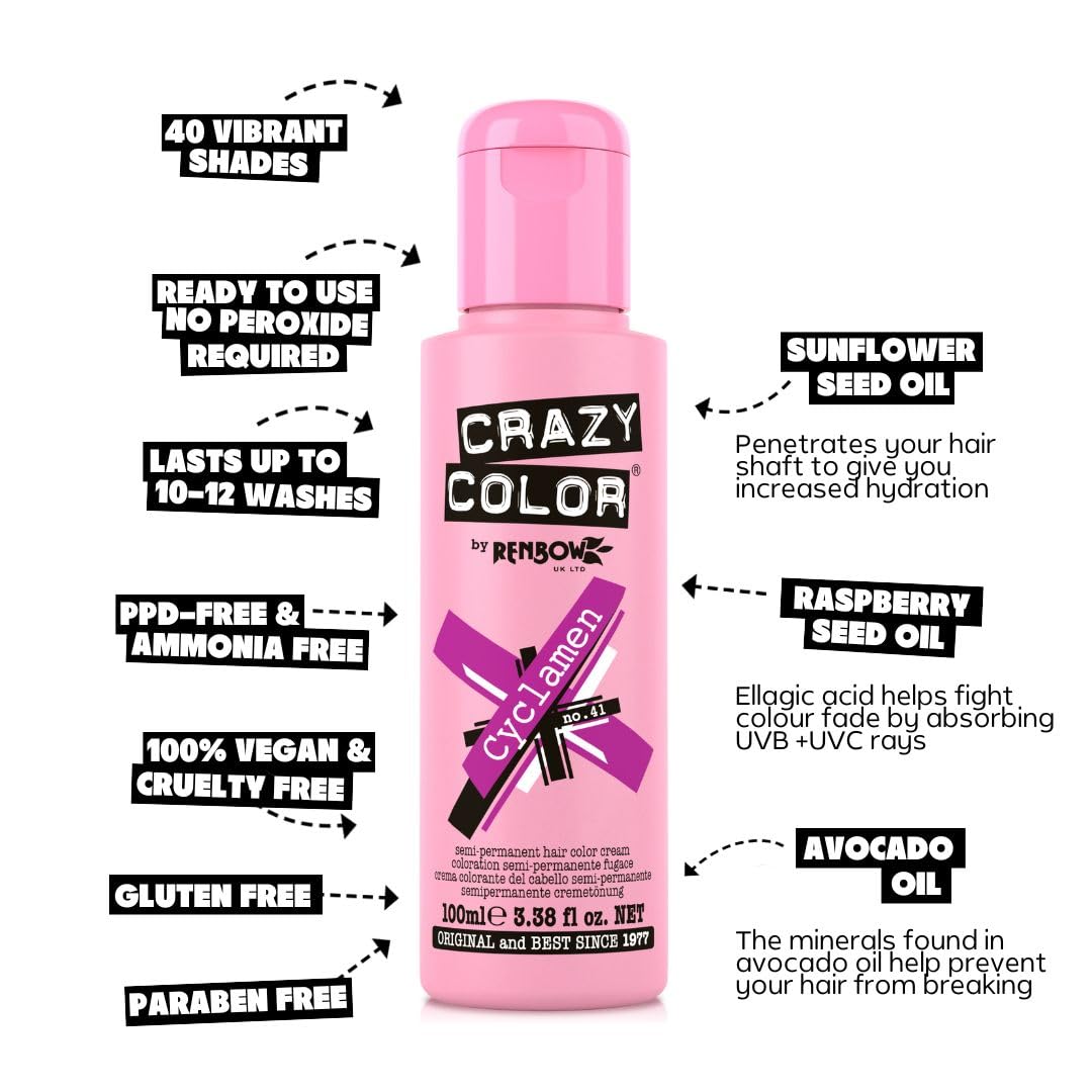 Crazy Color Vibrant Cyclamen Semi-Permanent Duo Hair Dye. Highly Pigmented Cerise Conditioning & Oil Nourishing Vegan Formula | No Bleach or Ammonia | 200ml - Damaged Box
