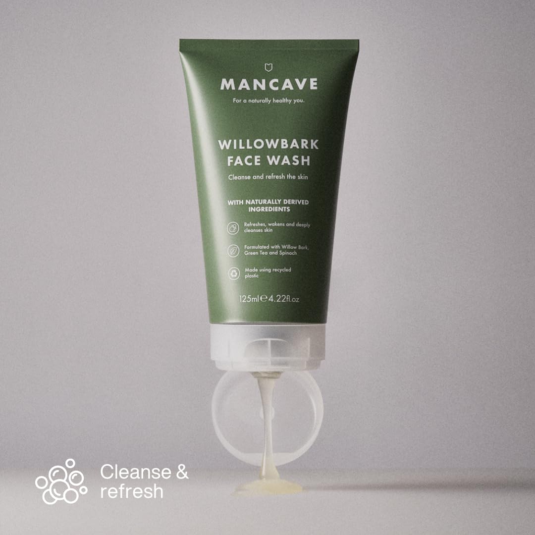 ManCave Willowbark Face Wash 125ml for Men, Cleanse and Detoxify with Willow bark Extract, Green Tea and Spinach Extract, Lathering Sulphate-Free Formula, Natural Formulation, Vegan Friendly - New