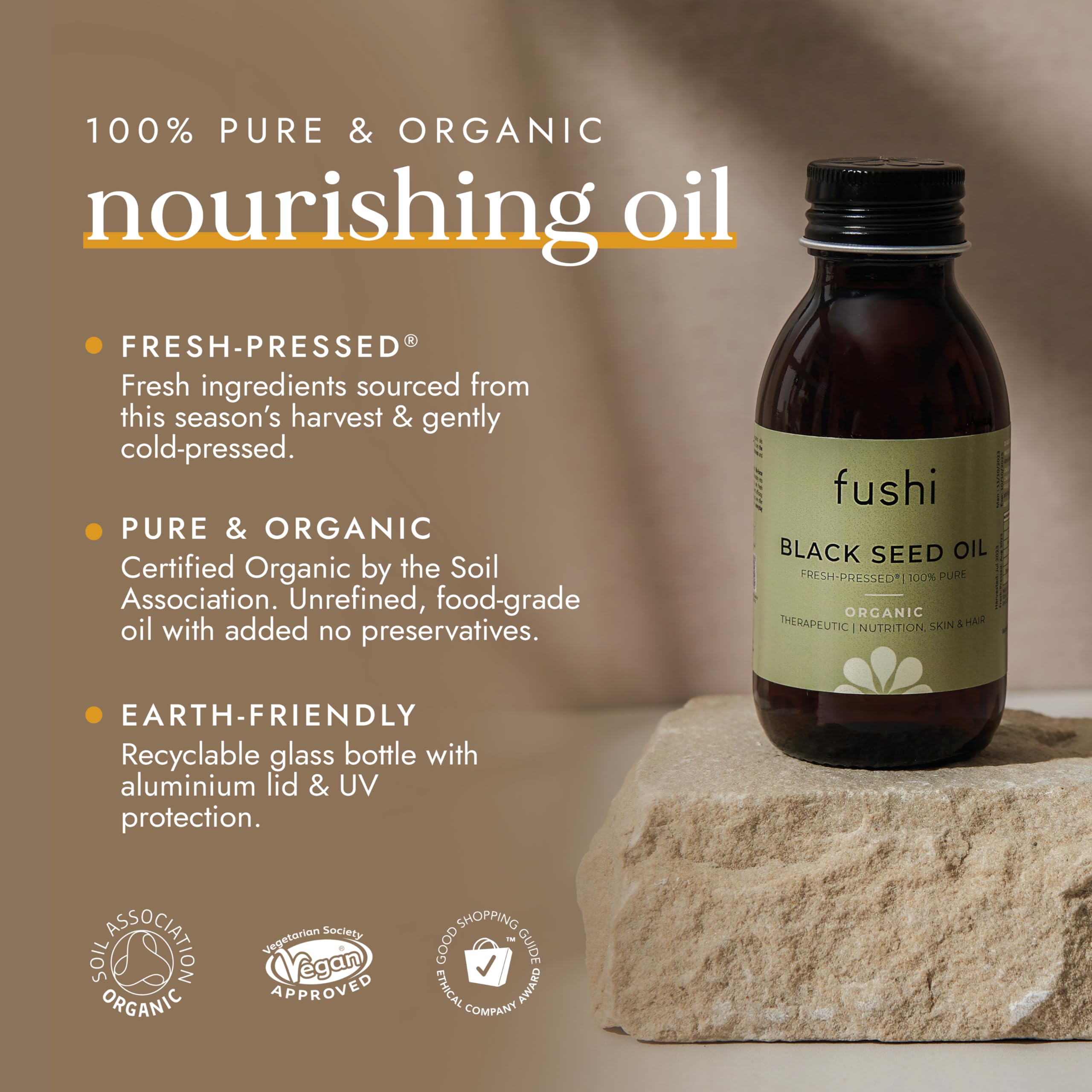 Fushi Organic Black Seed Oil 250ml | High Strength 100% pure Cold & Fresh-Pressed Seed Oil Food-grade For Dry, Itchy & Irritated Hair & Skin | Sustainably Sourced | Manufactured in the UK - New