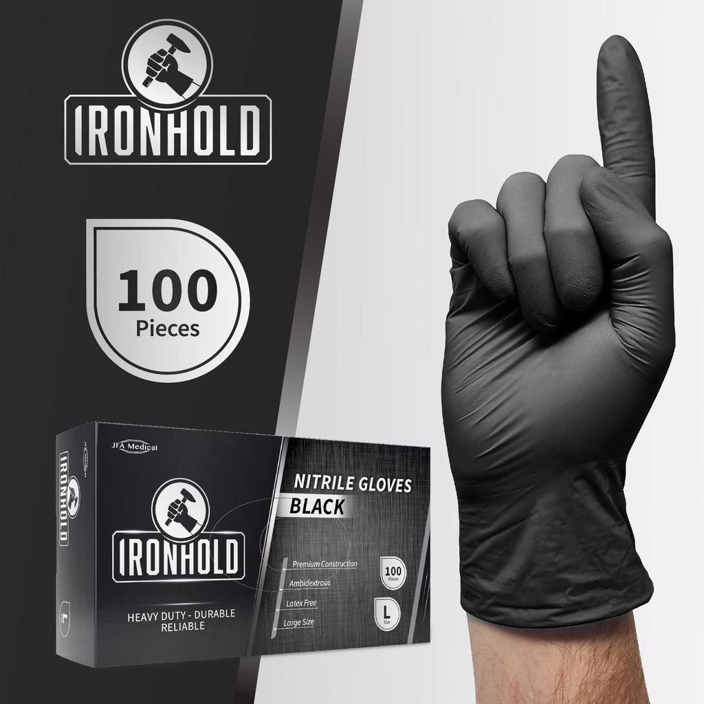 JFA Medical Disposable Mechanic, Heavy Duty 5.5G Powder Free Latex Free Black Nitrile Gloves - Box of 100 (XL) - Damaged Box