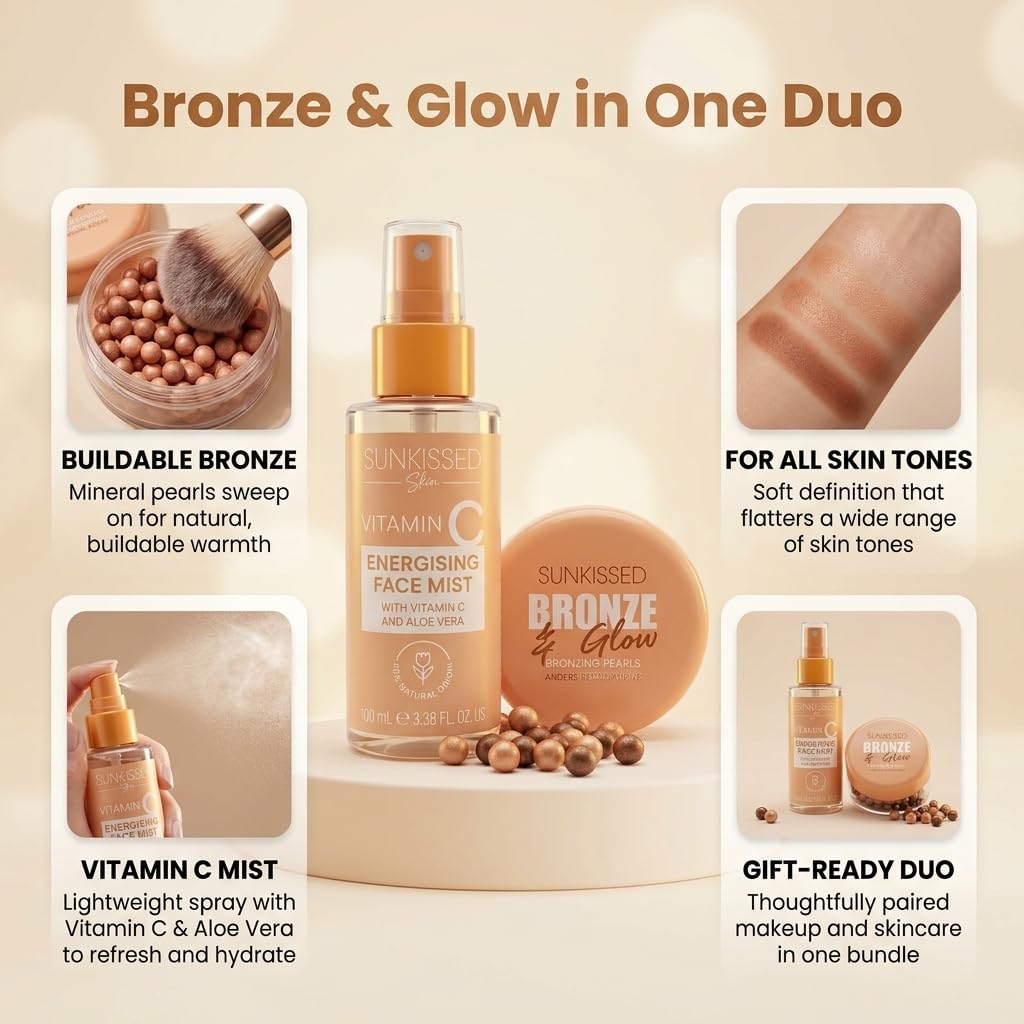 Sunkissed Vitamin C Face Mist 100ml + Bronze and Glow Bronzing Pearls 45g - Energising Hydrating Spray and Bronzer Gift Set for Women - Damaged Box