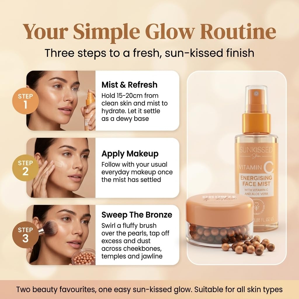 Sunkissed Vitamin C Face Mist 100ml + Bronze and Glow Bronzing Pearls 45g - Energising Hydrating Spray and Bronzer Gift Set for Women - Damaged Box