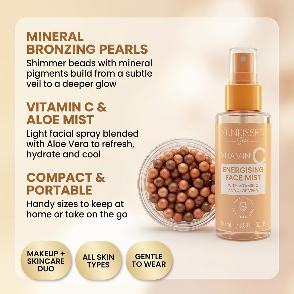 Sunkissed Vitamin C Face Mist 100ml + Bronze and Glow Bronzing Pearls 45g - Energising Hydrating Spray and Bronzer Gift Set for Women - Damaged Box