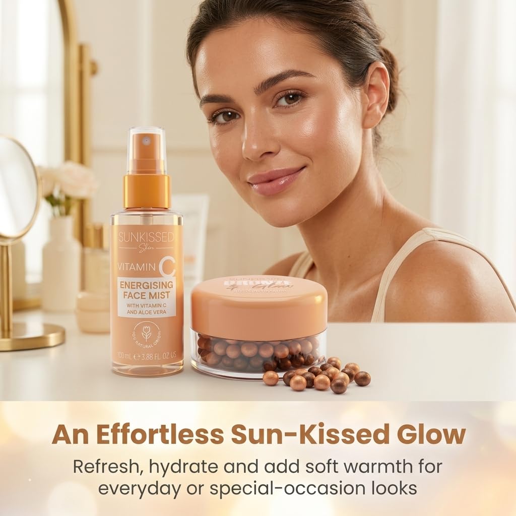 Sunkissed Vitamin C Face Mist 100ml + Bronze and Glow Bronzing Pearls 45g - Energising Hydrating Spray and Bronzer Gift Set for Women - Damaged Box