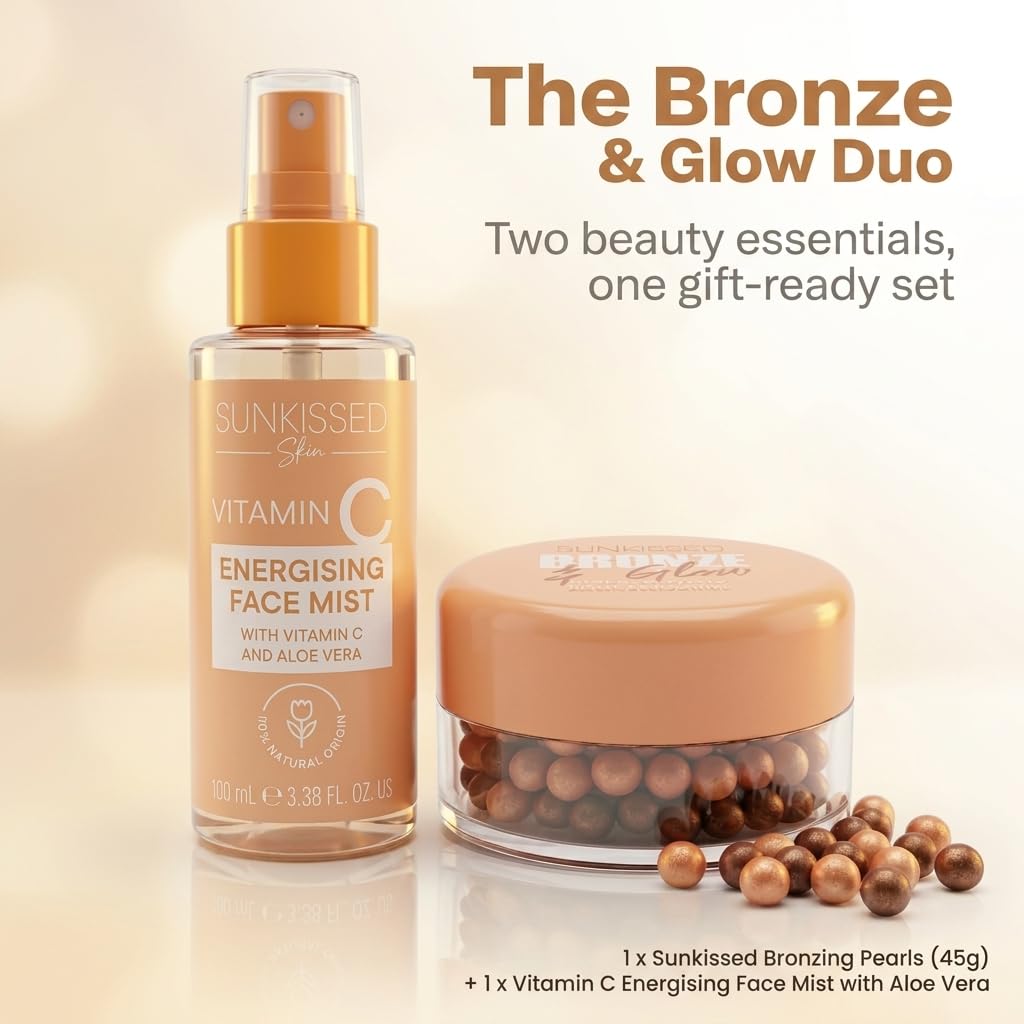 Sunkissed Vitamin C Face Mist 100ml + Bronze and Glow Bronzing Pearls 45g - Energising Hydrating Spray and Bronzer Gift Set for Women - Damaged Box