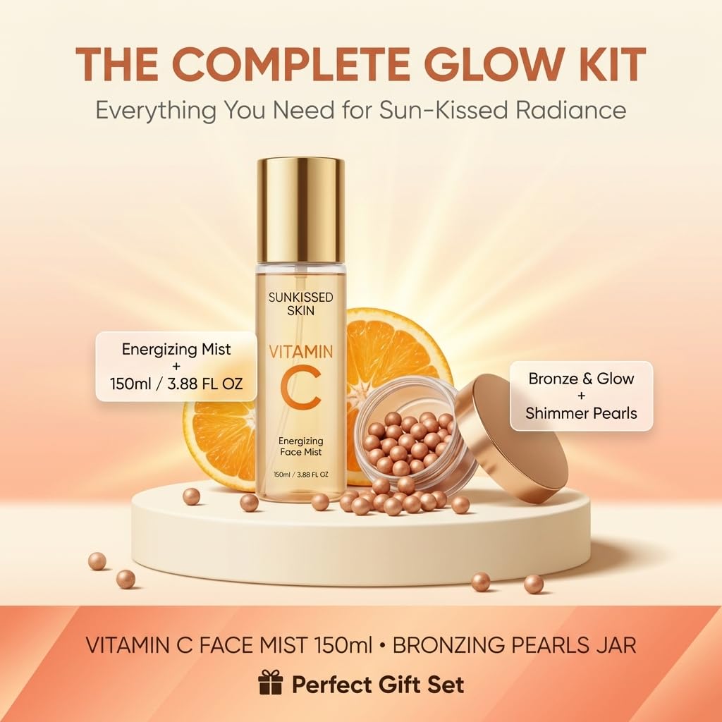 Sunkissed Vitamin C Face Mist 100ml + Bronze and Glow Bronzing Pearls 45g - Energising Hydrating Spray and Bronzer Gift Set for Women - Damaged Box