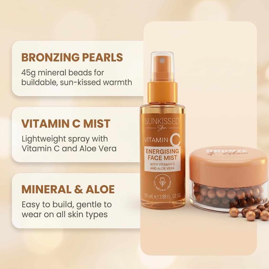 Sunkissed Vitamin C Face Mist 100ml + Bronze and Glow Bronzing Pearls 45g - Energising Hydrating Spray and Bronzer Gift Set for Women - Damaged Box