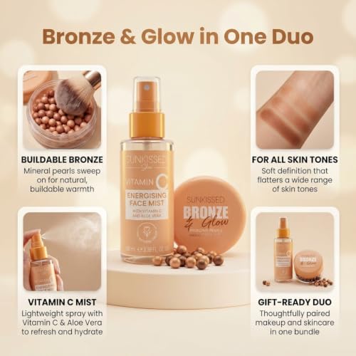 Sunkissed Vitamin C Face Mist 100ml + Bronze and Glow Bronzing Pearls 45g - Energising Hydrating Spray and Bronzer Gift Set for Women - Damaged Box
