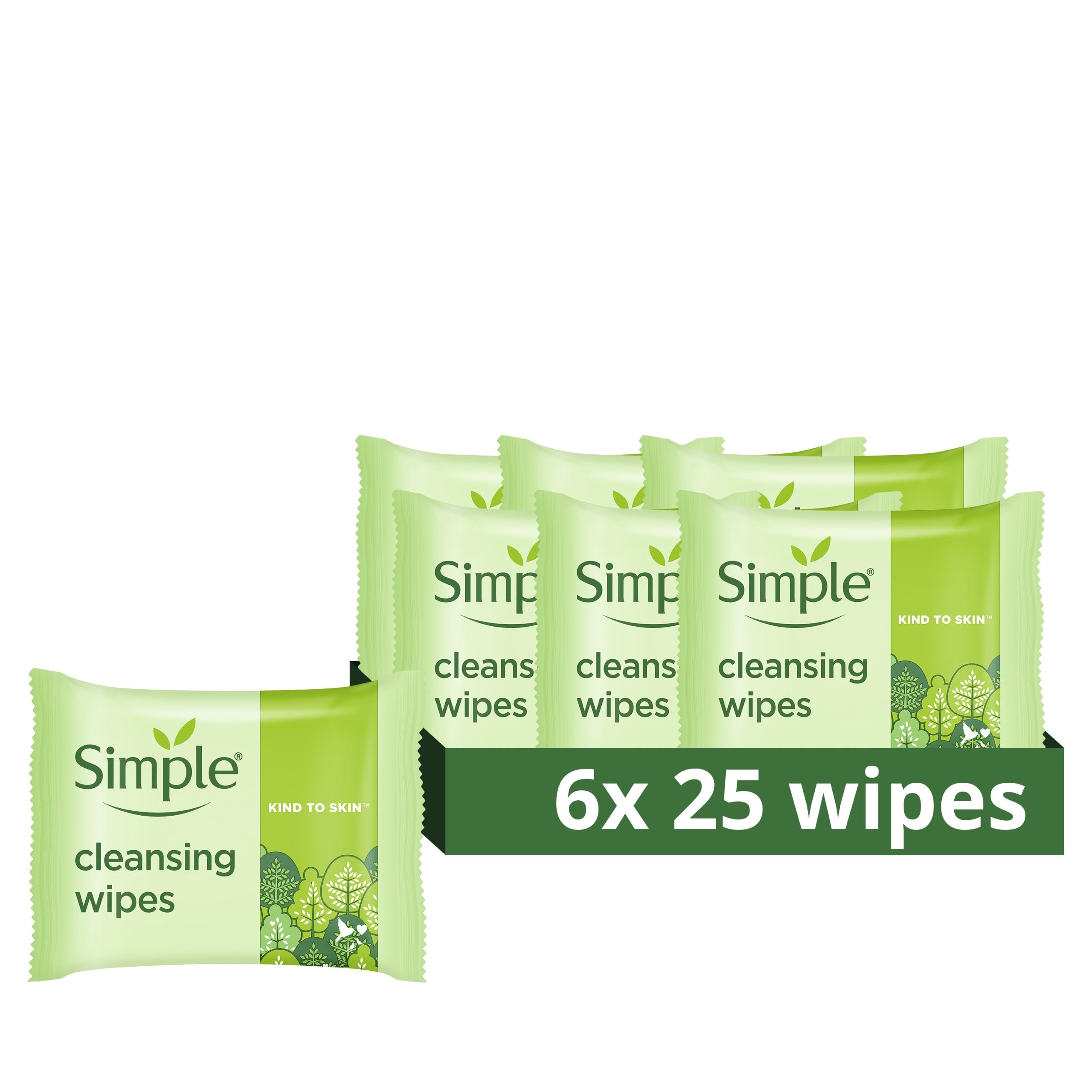 Simple Kind to Skin Biodegradable Cleansing Wipes Face Wipes, for Waterproof Eye Make-Up Removal for Sensitive Skin 6x 25 wipes - New