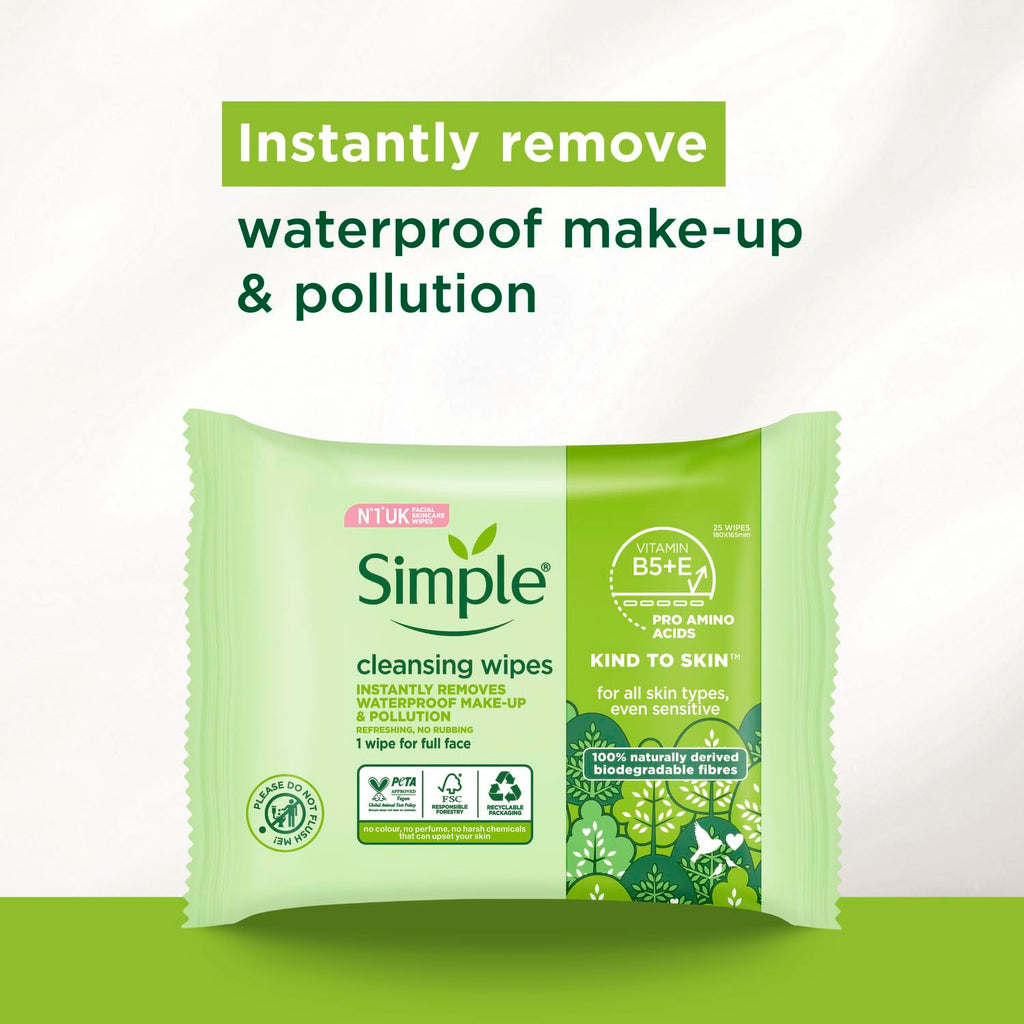 Simple Kind to Skin Biodegradable Cleansing Wipes Face Wipes, for Waterproof Eye Make-Up Removal for Sensitive Skin 6x 25 wipes - New