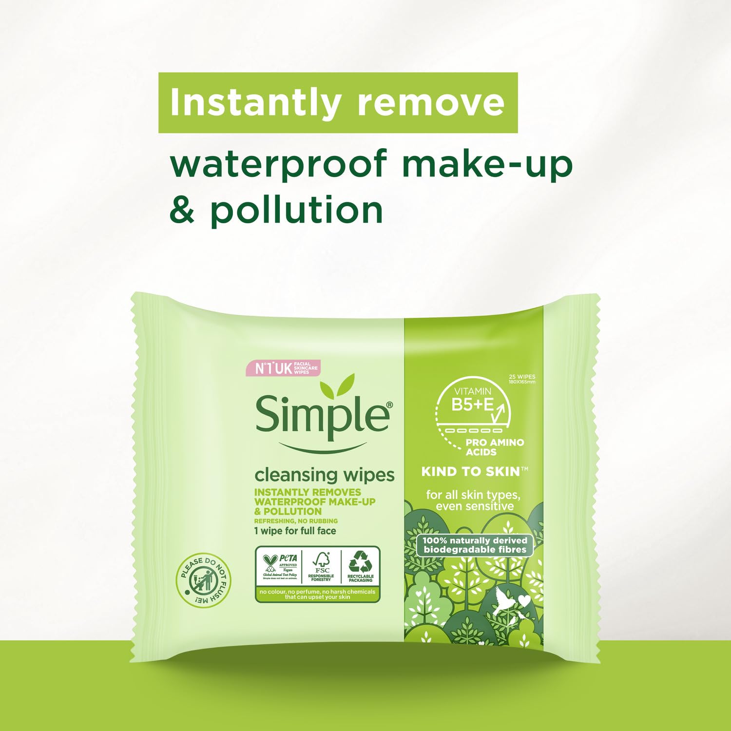 Simple Kind to Skin Biodegradable Cleansing Wipes Face Wipes, for Waterproof Eye Make-Up Removal for Sensitive Skin 6x 25 wipes - New
