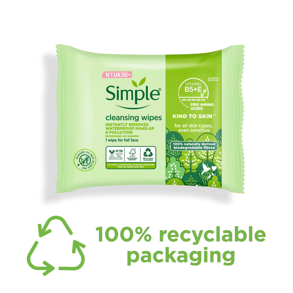 Simple Kind to Skin Biodegradable Cleansing Wipes Face Wipes, for Waterproof Eye Make-Up Removal for Sensitive Skin 6x 25 wipes - New