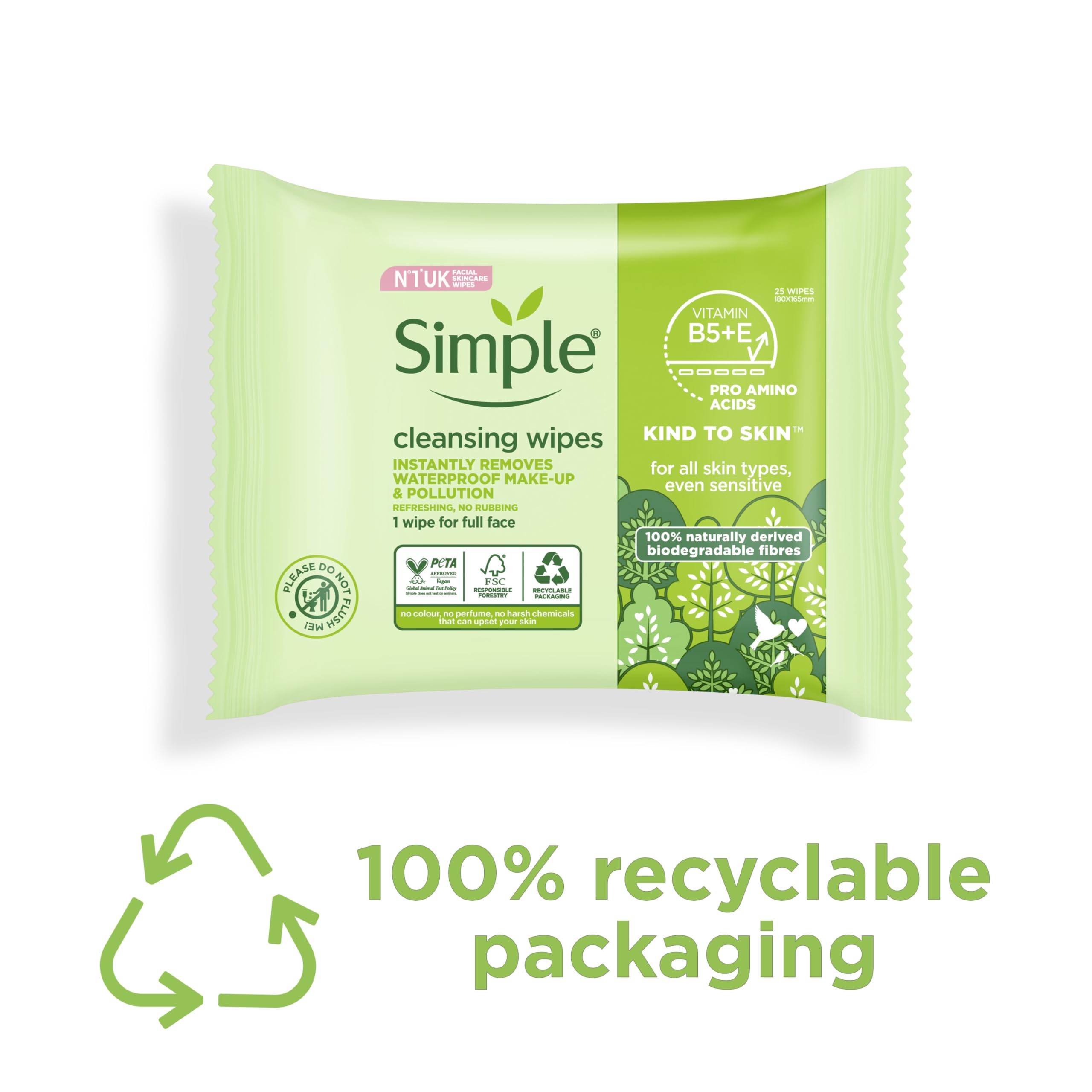 Simple Kind to Skin Biodegradable Cleansing Wipes Face Wipes, for Waterproof Eye Make-Up Removal for Sensitive Skin 6x 25 wipes - New