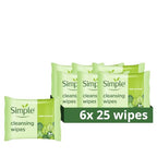 Simple Kind to Skin Biodegradable Cleansing Wipes Face Wipes, for Waterproof Eye Make-Up Removal for Sensitive Skin 6x 25 wipes - New