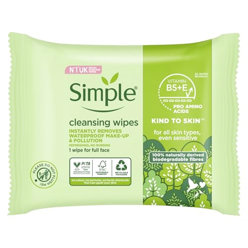 Simple Kind to Skin Biodegradable Cleansing Wipes Face Wipes, for Waterproof Eye Make-Up Removal for Sensitive Skin 6x 25 wipes - New