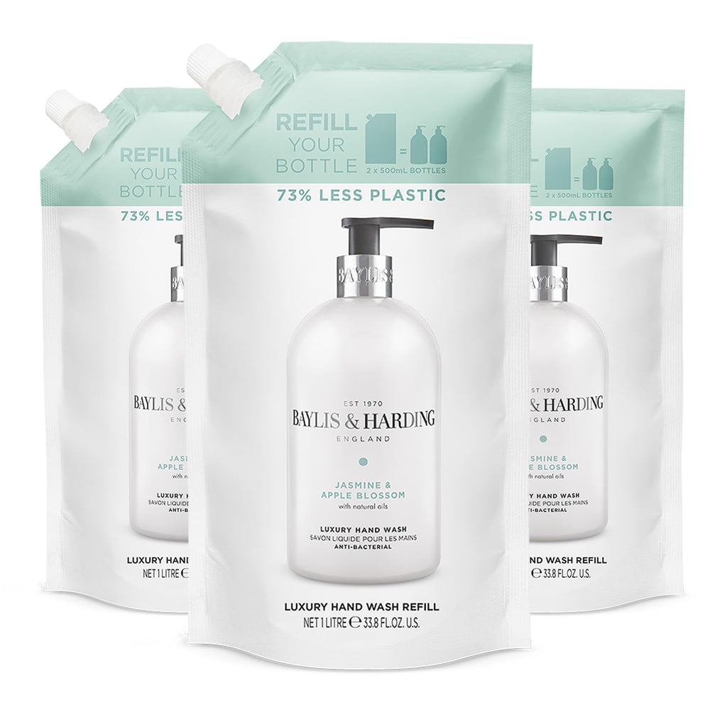 Baylis & Harding Jasmine & Apple Blossom Anti-Bacterial Hand Wash 1 litre Refill Pouch (Pack of 3) - Vegan Friendly - New