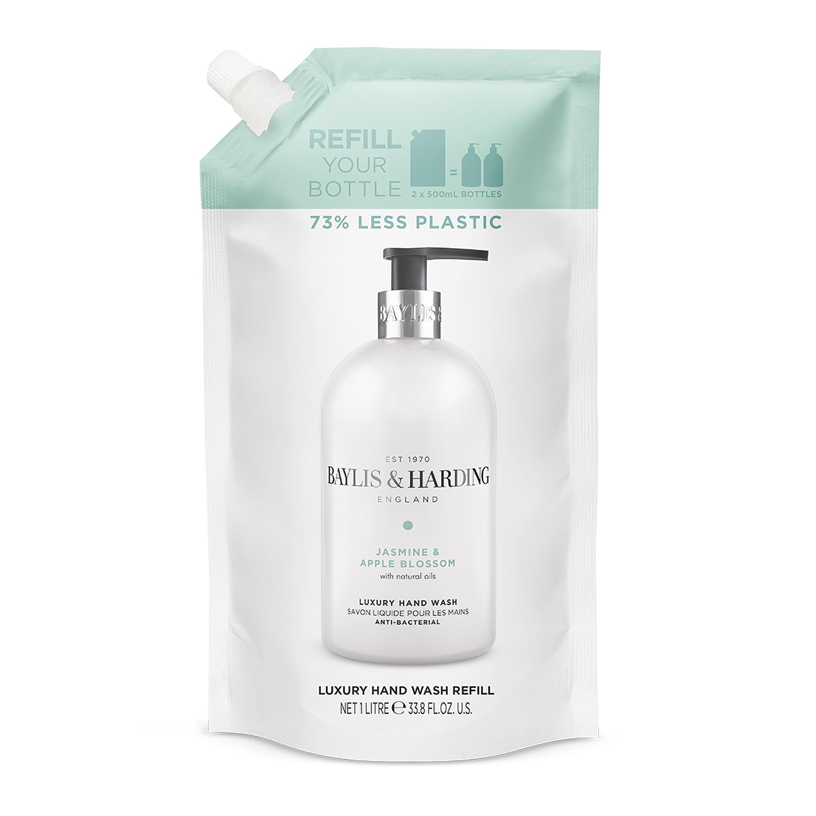 Baylis & Harding Jasmine & Apple Blossom Anti-Bacterial Hand Wash 1 litre Refill Pouch (Pack of 3) - Vegan Friendly - New