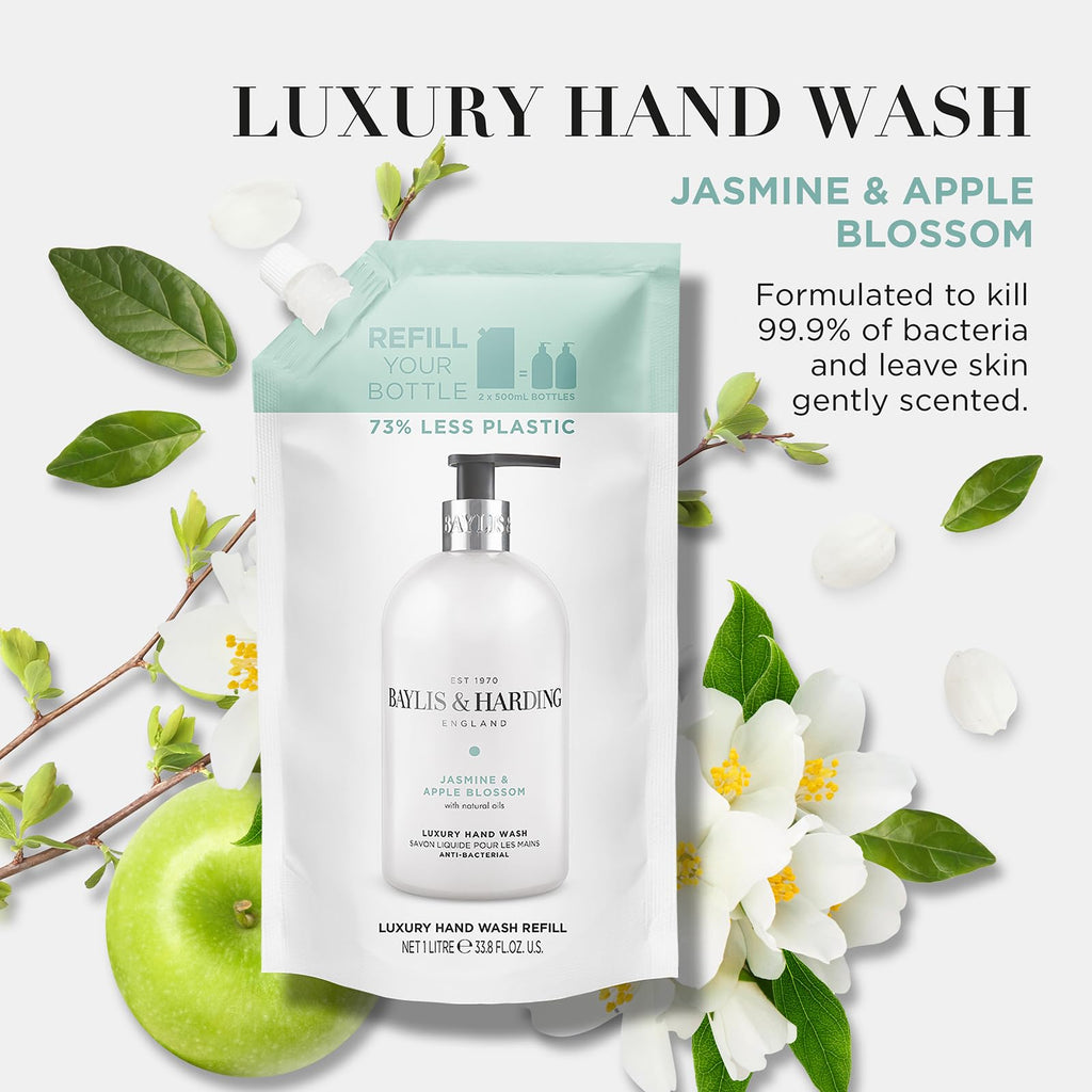 Baylis & Harding Jasmine & Apple Blossom Anti-Bacterial Hand Wash 1 litre Refill Pouch (Pack of 3) - Vegan Friendly - New