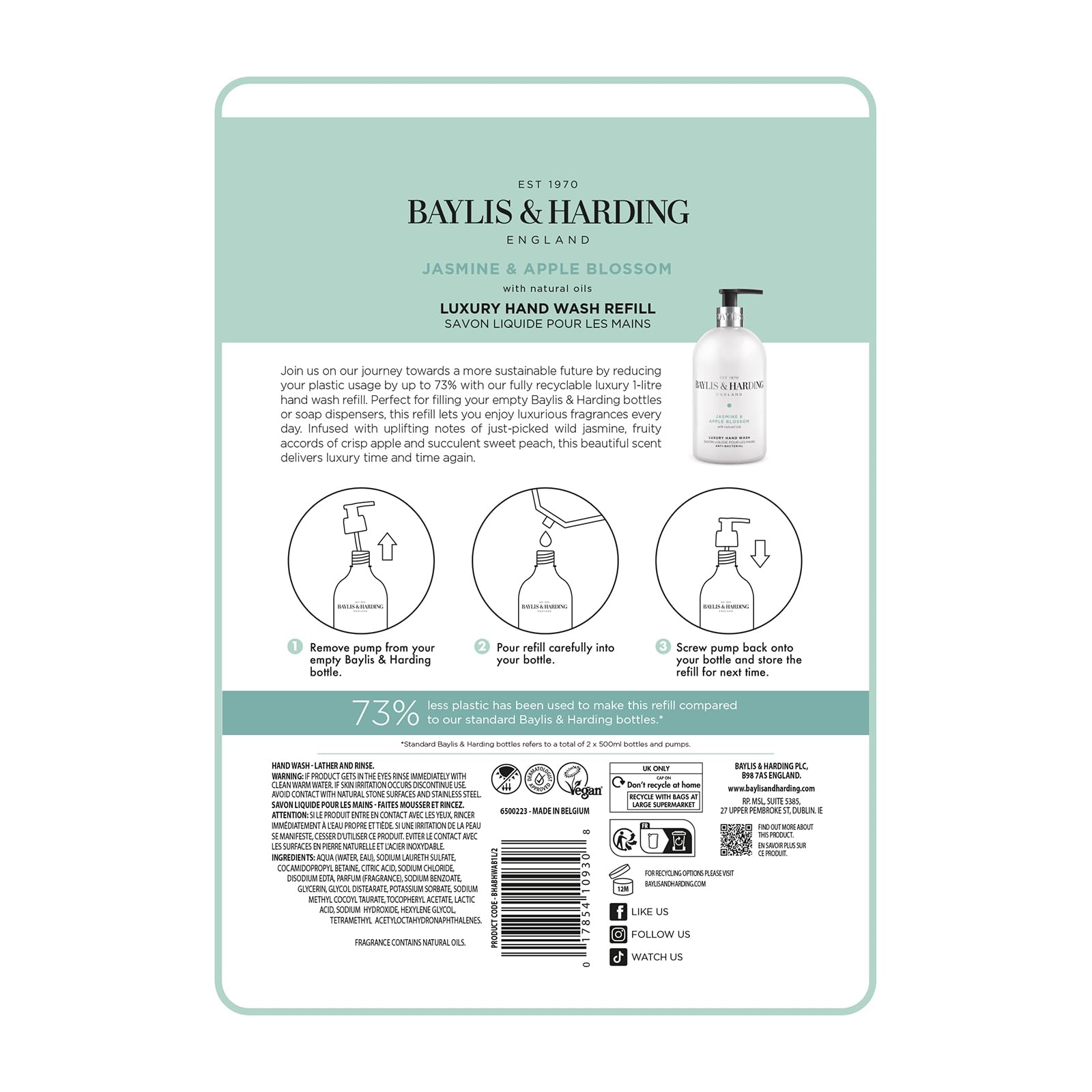 Baylis & Harding Jasmine & Apple Blossom Anti-Bacterial Hand Wash 1 litre Refill Pouch (Pack of 3) - Vegan Friendly - New