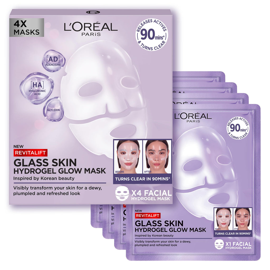 L'Oreal Paris Revitalift Filler Hydrogel Glow Mask - Glass Skin Korean Face Mask - 4 Pcs - Plumped, Refreshed Look - Damaged Box