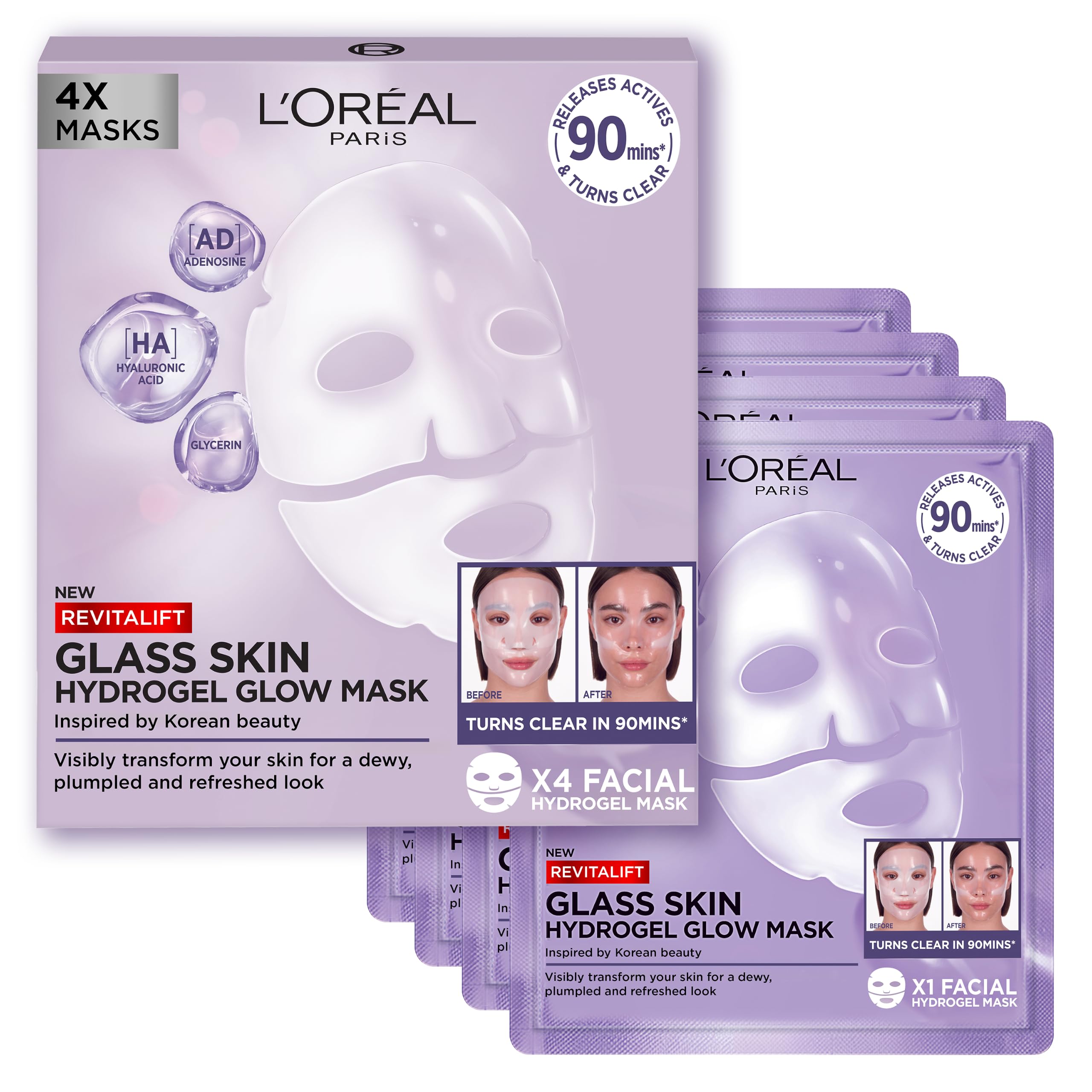 L'Oreal Paris Revitalift Filler Hydrogel Glow Mask - Glass Skin Korean Face Mask - 4 Pcs - Plumped, Refreshed Look - Damaged Box