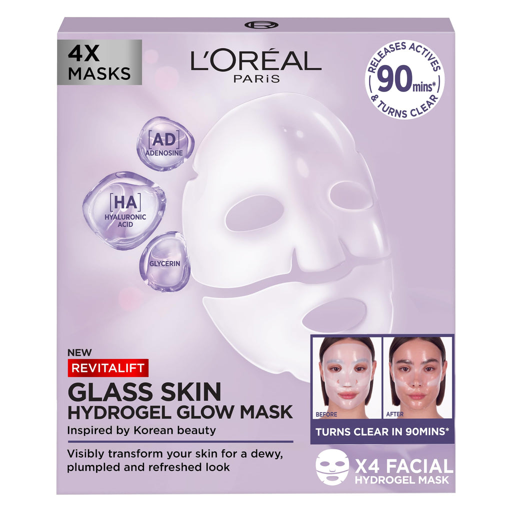 L'Oreal Paris Revitalift Filler Hydrogel Glow Mask - Glass Skin Korean Face Mask - 4 Pcs - Plumped, Refreshed Look - Damaged Box