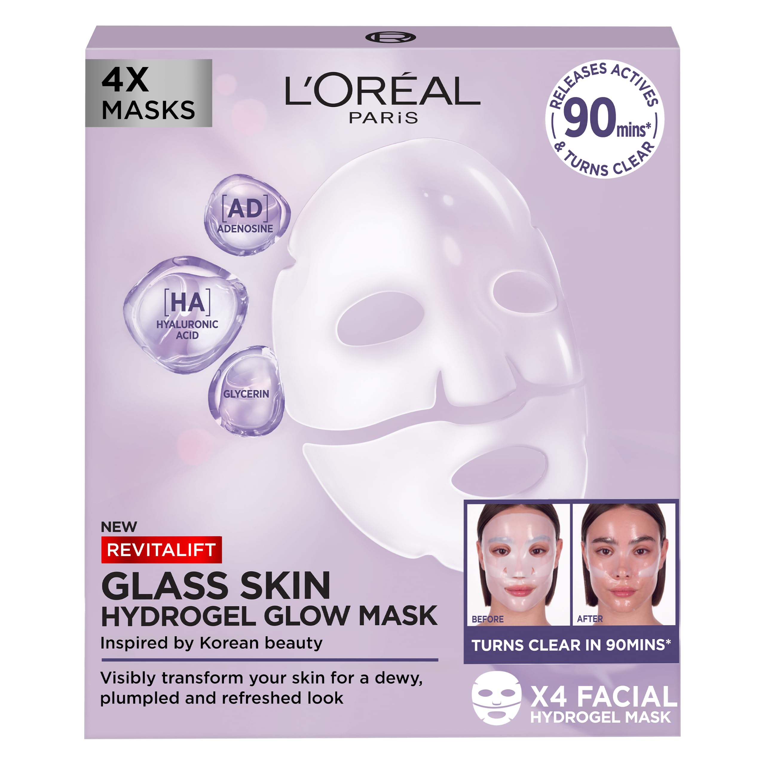 L'Oreal Paris Revitalift Filler Hydrogel Glow Mask - Glass Skin Korean Face Mask - 4 Pcs - Plumped, Refreshed Look - Damaged Box