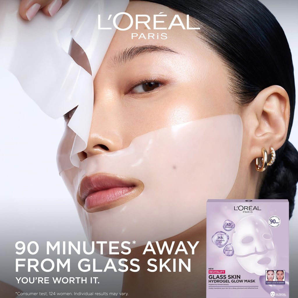 L'Oreal Paris Revitalift Filler Hydrogel Glow Mask - Glass Skin Korean Face Mask - 4 Pcs - Plumped, Refreshed Look - Damaged Box