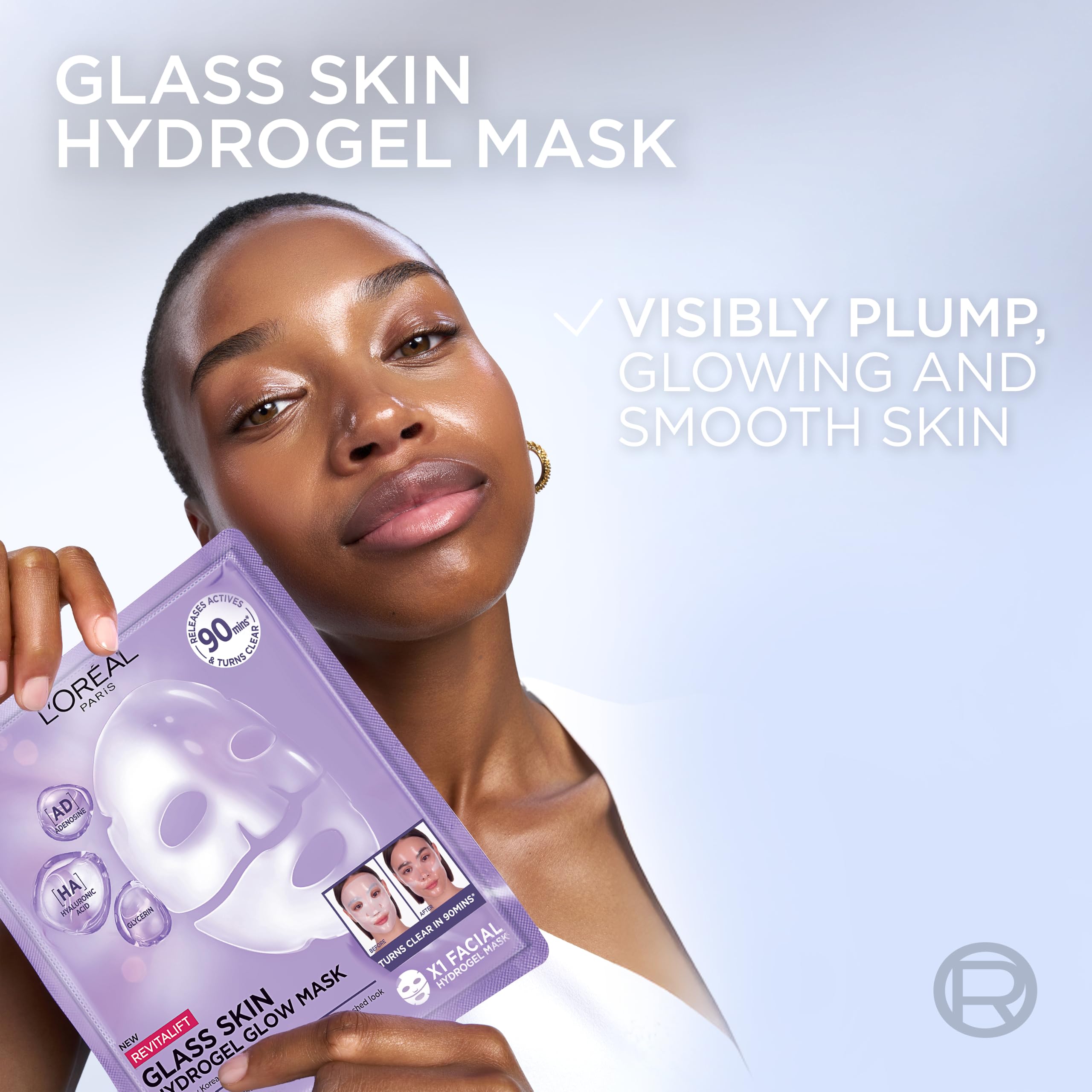 L'Oreal Paris Revitalift Filler Hydrogel Glow Mask - Glass Skin Korean Face Mask - 4 Pcs - Plumped, Refreshed Look - Damaged Box