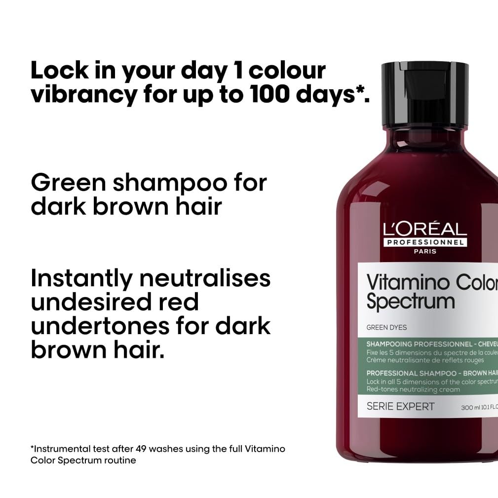 L'Or'eal Professionnel Vitamino Color Spectrum Green Tinted Shampoo 300ml, For Dark Brown Coloured Hair, With Ferulic Acid + Citric Acid, Neutralise Undesired Red Undertones - Damaged Box