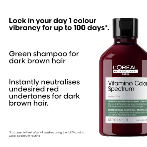 L'Or'eal Professionnel Vitamino Color Spectrum Green Tinted Shampoo 300ml, For Dark Brown Coloured Hair, With Ferulic Acid + Citric Acid, Neutralise Undesired Red Undertones - Damaged Box