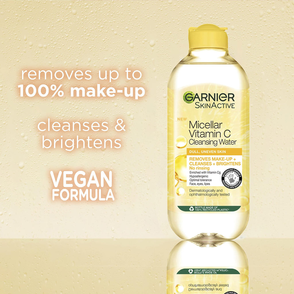 Garnier Micellar Vitamin C Cleansing Water, Gentle face Cleanser & Makeup Remover, Hypoallergenic. Vegan Formula, Suitable For Dull And Uneven Skin, Brightening Formula, Dermatologically Tested, 400ml - New