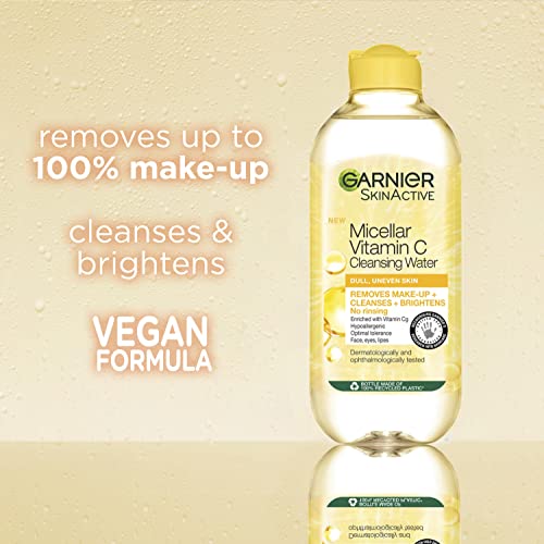 Garnier Micellar Vitamin C Cleansing Water, Gentle face Cleanser & Makeup Remover, Hypoallergenic. Vegan Formula, Suitable For Dull And Uneven Skin, Brightening Formula, Dermatologically Tested, 400ml - New