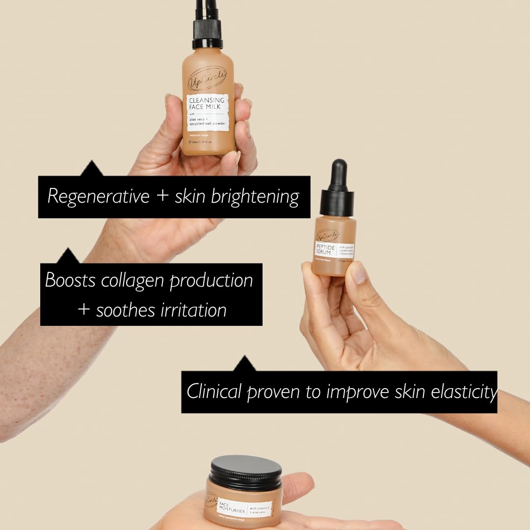 UpCircle Discovery Set - Cleansing Face Milk, Face Moisturiser and Peptide Serum Trio - Vitamin E, Niacinamide + Aloe Vera - Boosts Collagen, Hydrates + Soothes - Vegan + Cruelty-Free - Damaged Box