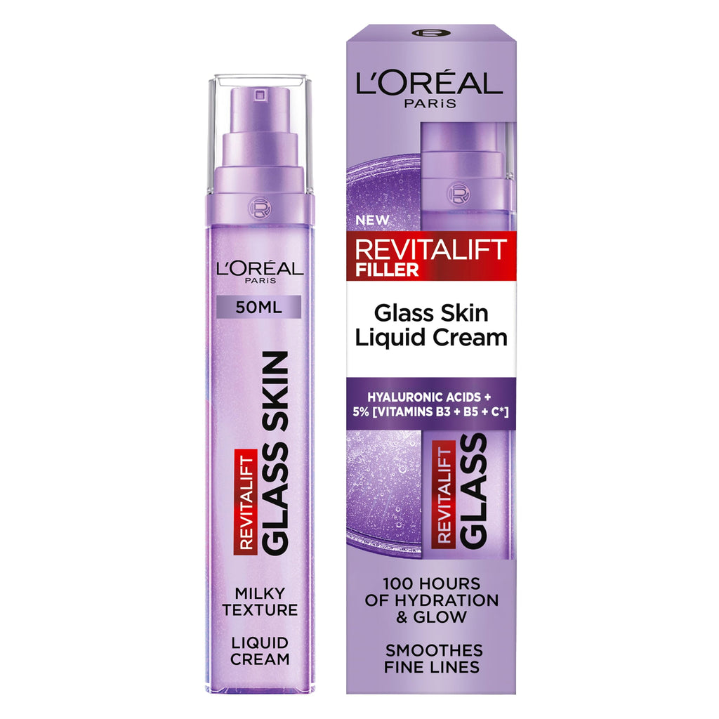 L'Oreal Paris Revitalift Filler Glass Skin Liquid Cream, Hybrid Milky Serum + Moisturiser, Korean-Skincare Inspired, For Glass Skin Glow, 100 hours Hydration, Replump Skin [Hyaluronic Acid], 50ml - Damaged Box