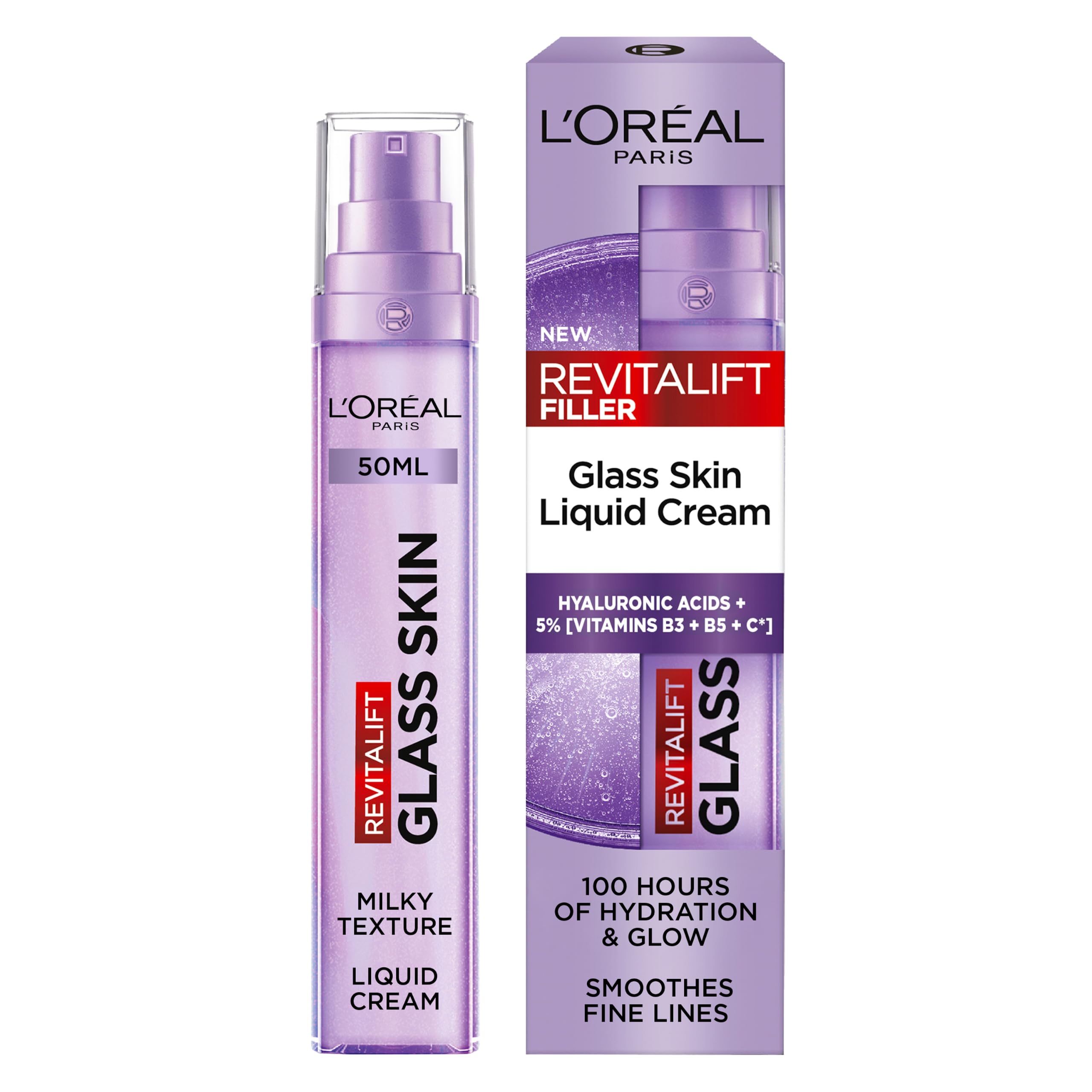 L'Oreal Paris Revitalift Filler Glass Skin Liquid Cream, Hybrid Milky Serum + Moisturiser, Korean-Skincare Inspired, For Glass Skin Glow, 100 hours Hydration, Replump Skin [Hyaluronic Acid], 50ml - Damaged Box