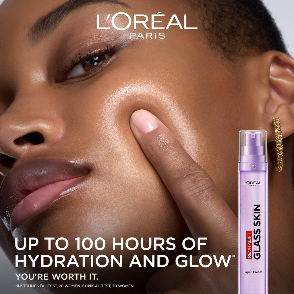 L'Oreal Paris Revitalift Filler Glass Skin Liquid Cream, Hybrid Milky Serum + Moisturiser, Korean-Skincare Inspired, For Glass Skin Glow, 100 hours Hydration, Replump Skin [Hyaluronic Acid], 50ml - Damaged Box