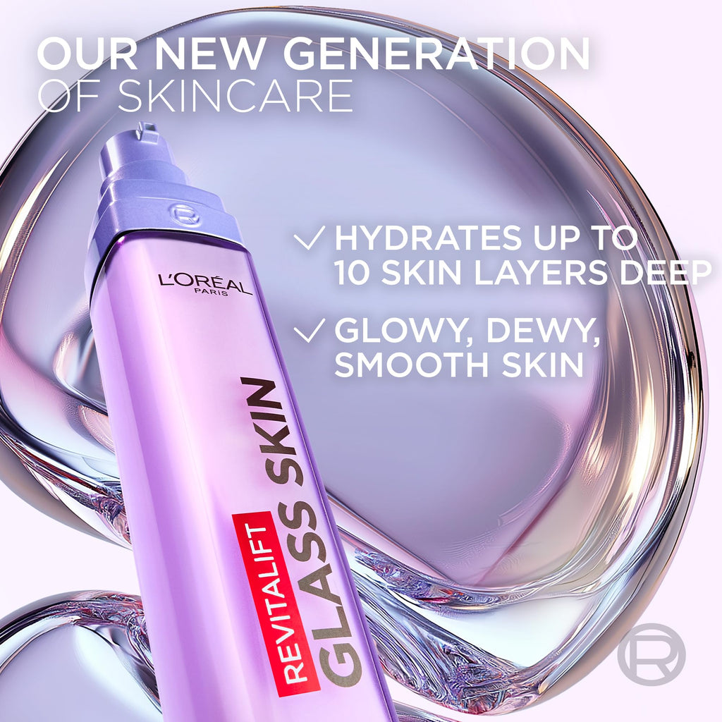 L'Oreal Paris Revitalift Filler Glass Skin Liquid Cream, Hybrid Milky Serum + Moisturiser, Korean-Skincare Inspired, For Glass Skin Glow, 100 hours Hydration, Replump Skin [Hyaluronic Acid], 50ml - Damaged Box