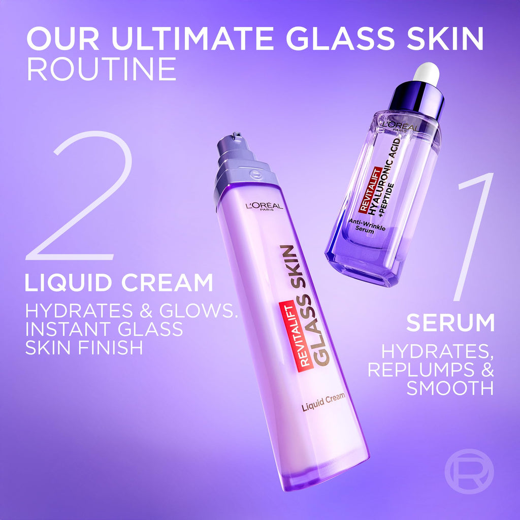 L'Oreal Paris Revitalift Filler Glass Skin Liquid Cream, Hybrid Milky Serum + Moisturiser, Korean-Skincare Inspired, For Glass Skin Glow, 100 hours Hydration, Replump Skin [Hyaluronic Acid], 50ml - Damaged Box