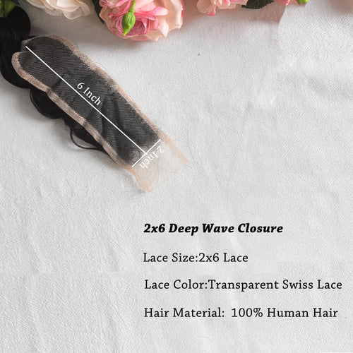 2x6 HD Lace Closure Deep Wave Transparent 2 by 6 HD Lace Closure 14 Inch 100% Brazilian Virgin Human Hair Closure Can be Middle part - New
