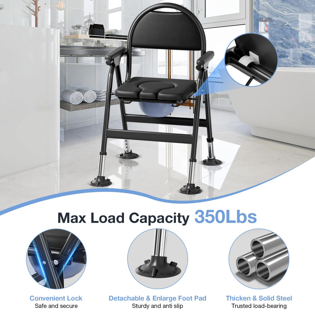 Bariatric Commode Chair - Heavy Duty Folding Toilet Shower Chair with Arms - Adjustable Height Padded Seat - 880 lbs Capacity - Very Good