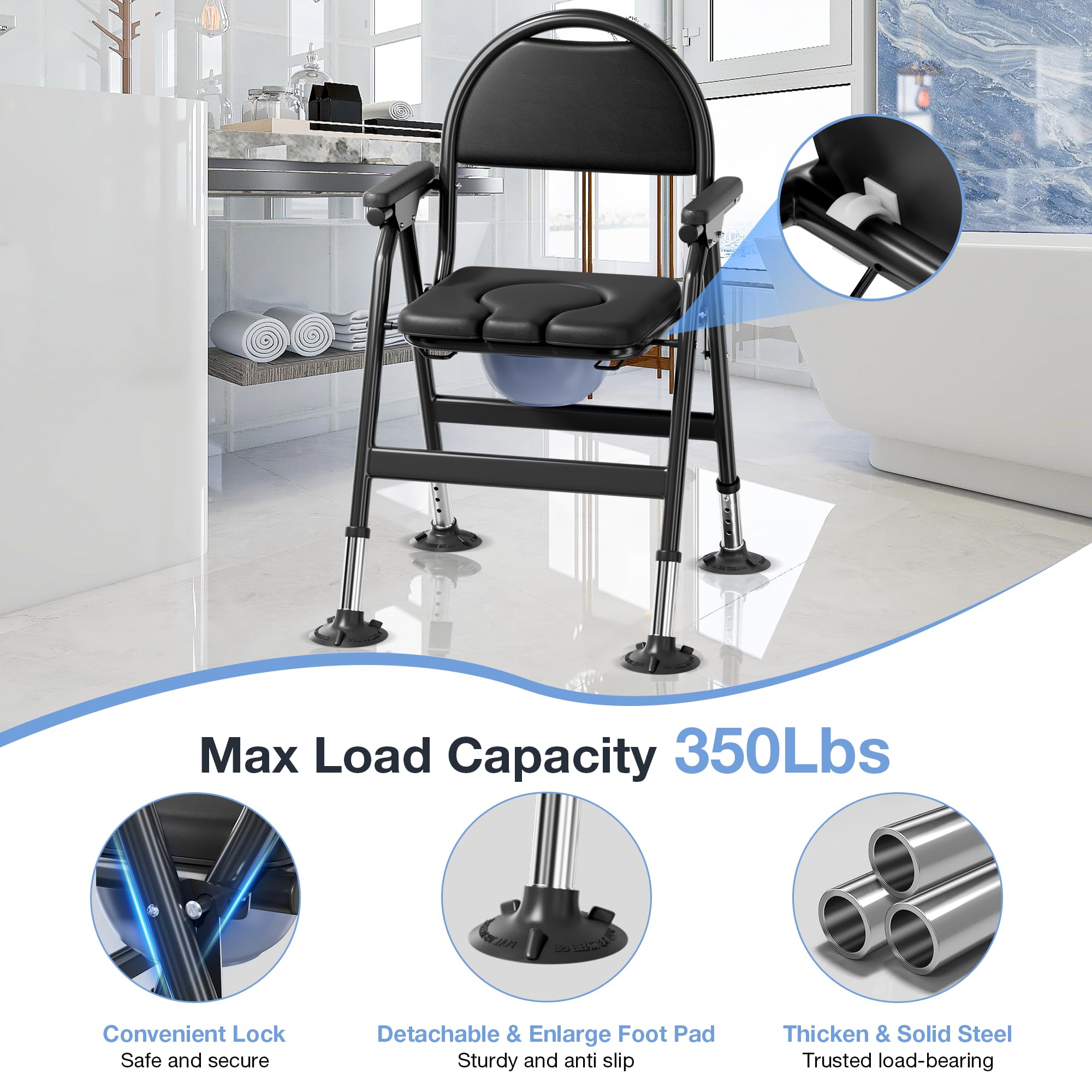 Bariatric Commode Chair - Heavy Duty Folding Toilet Shower Chair with Arms - Adjustable Height Padded Seat - 880 lbs Capacity - Very Good