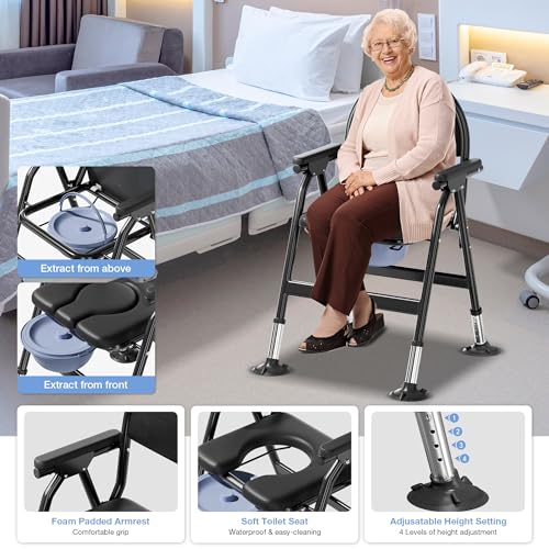 Bariatric Commode Chair - Heavy Duty Folding Toilet Shower Chair with Arms - Adjustable Height Padded Seat - 880 lbs Capacity - Very Good